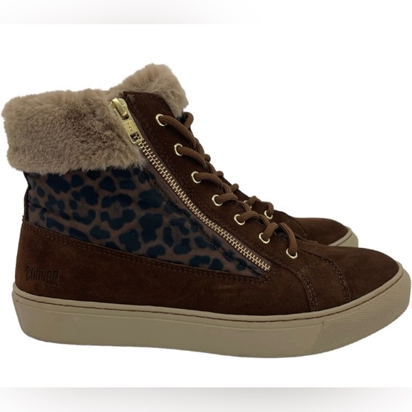 EUC Cougar Brand Women’s Brown Suede Sneaker Boots with Leopard Print - Picture 2 of 8